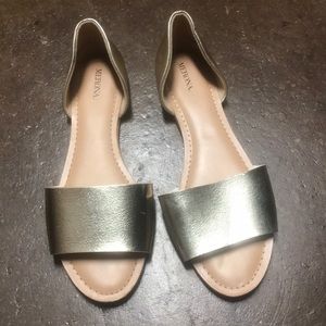 Gold open toe flats